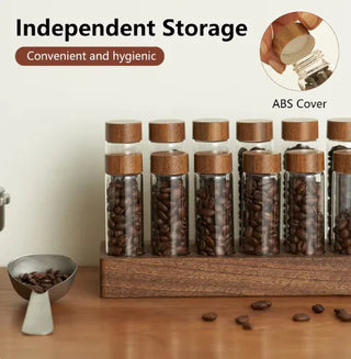 Walnut Wood Coffee & Tea Storage Tube Set - Glass Containers with Display Rack